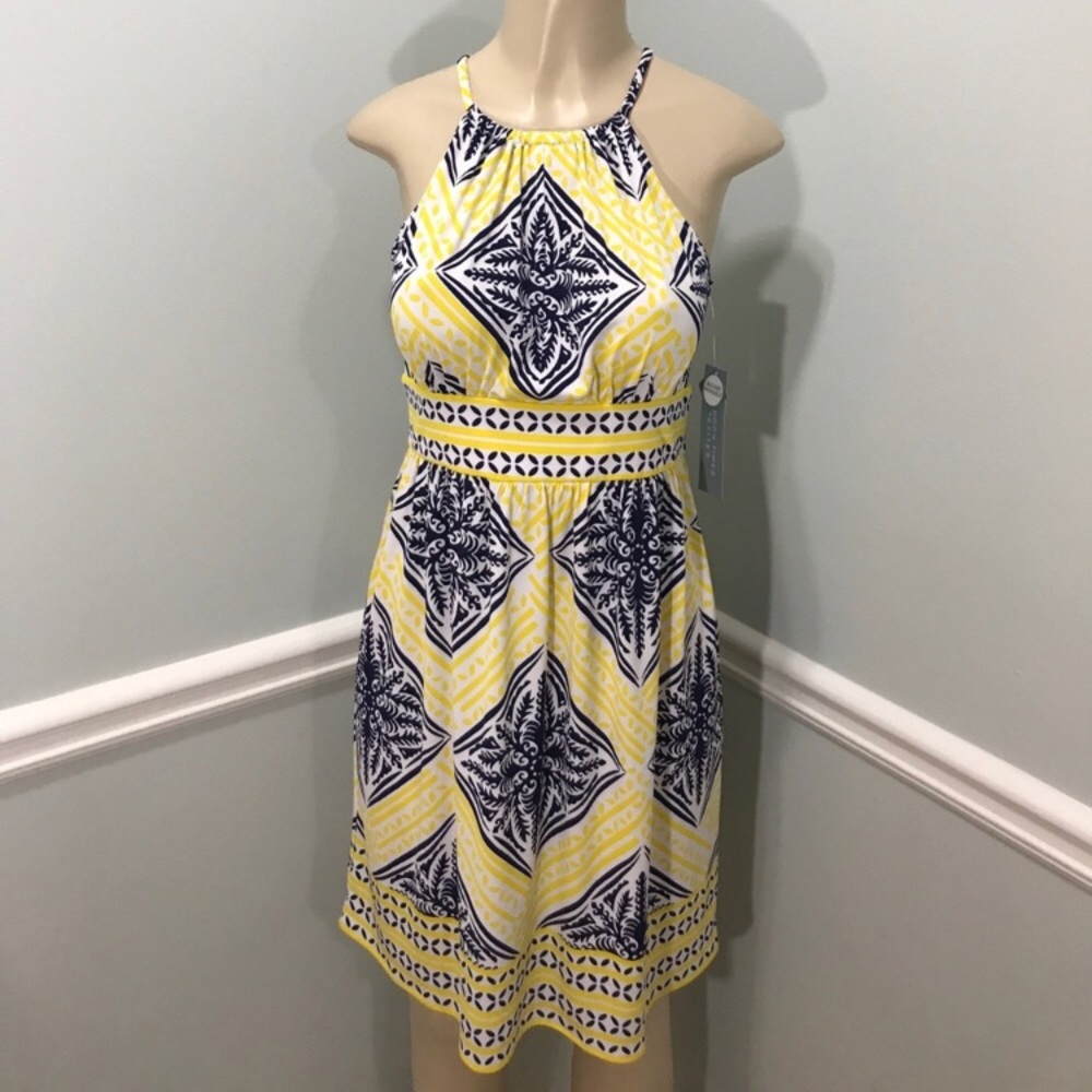 London Times Yellow/Navy Halter Dress NWOT. 8P